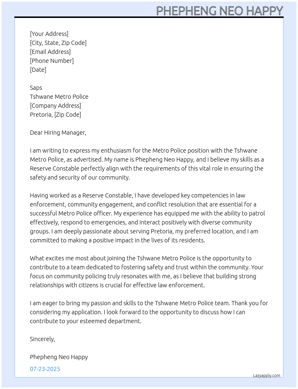 Metro police At Tshwane metro police  Cover Letter