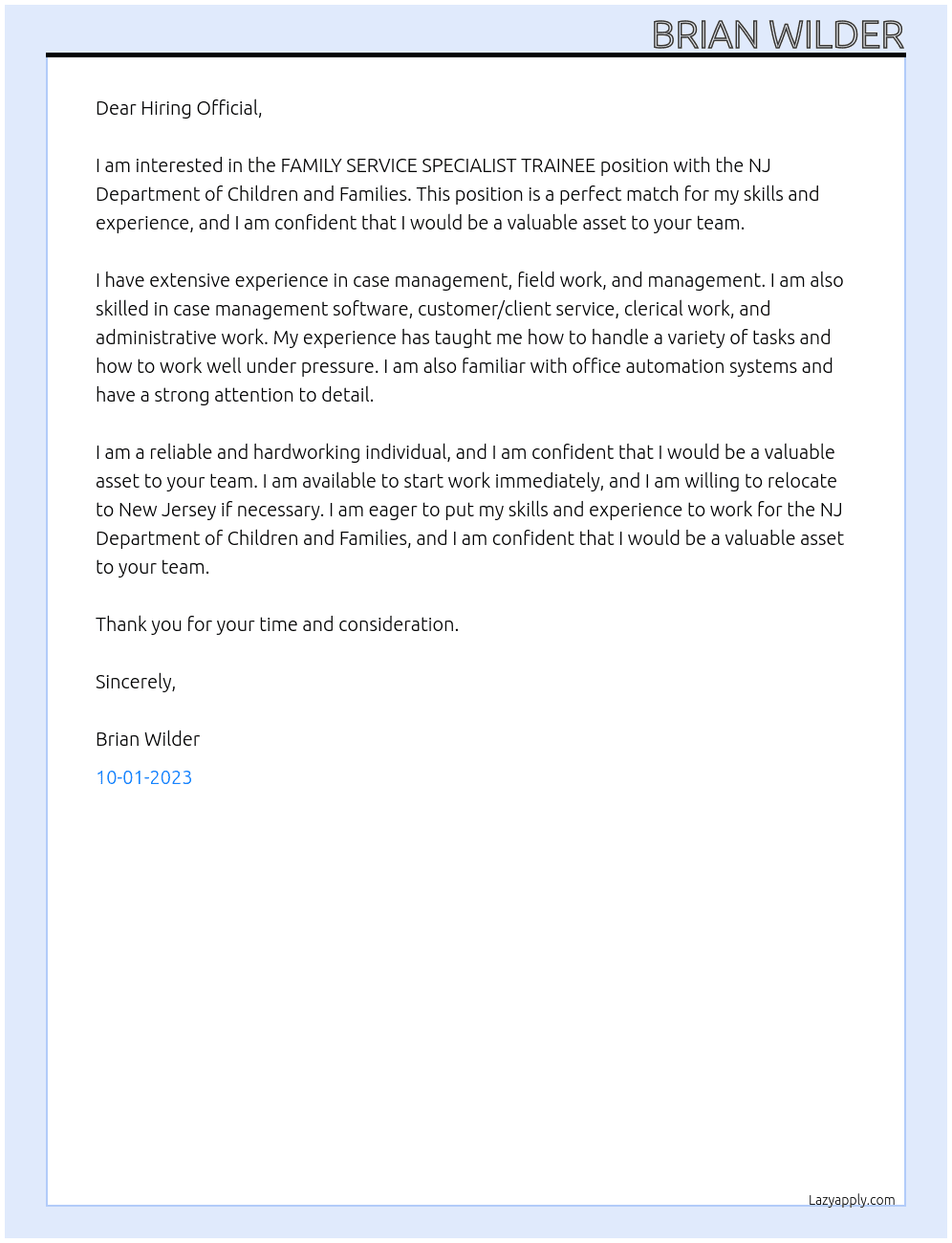 FAMILY SERVICE SPECIALIST TRAINEE At NJ Department of Children and Families Cover Letter