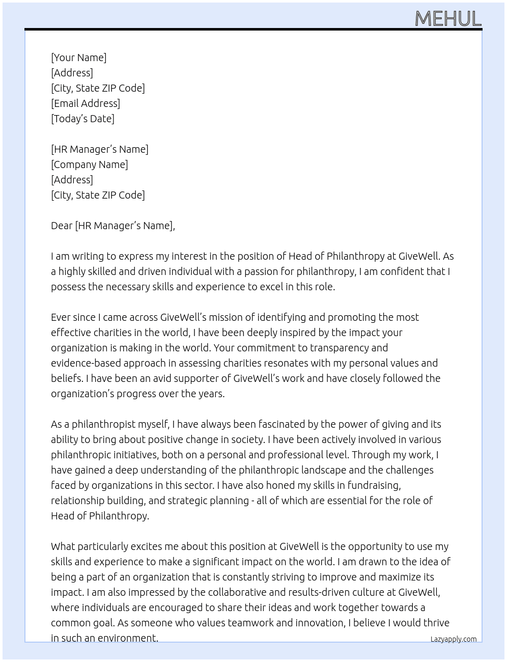 Head of Philanthropy At GiveWell Cover Letter