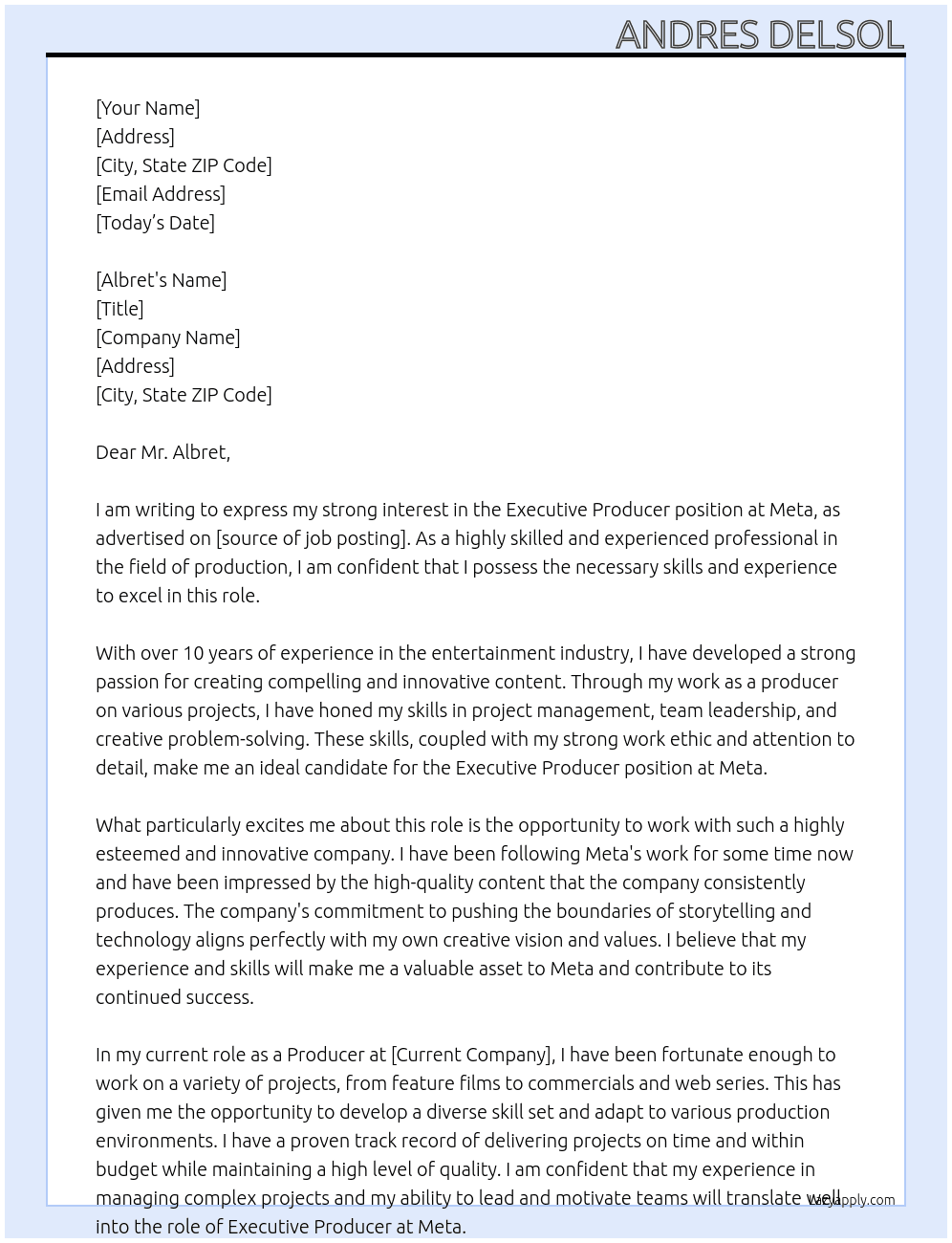 Executive Producer At Meta Cover Letter