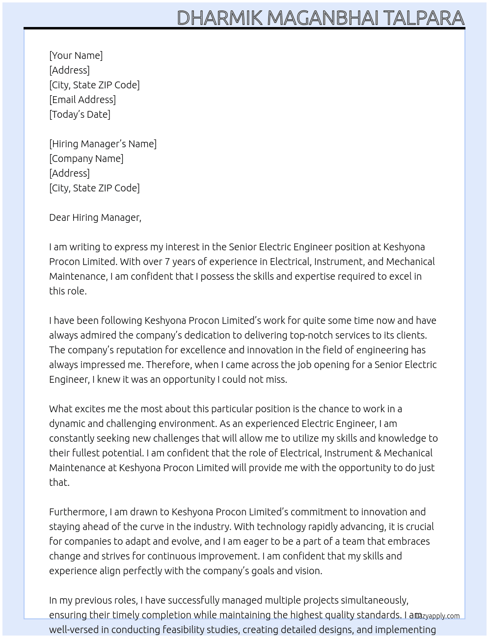 Senior Electric Engineer At Keshyona Procon Limited Cover Letter