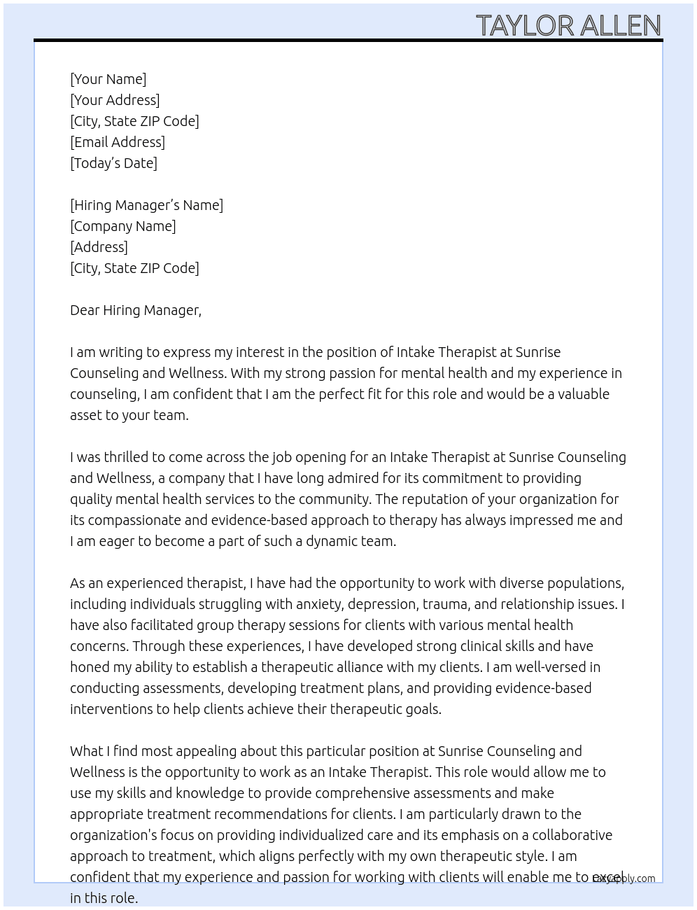 Intake Therapist At Sunrise Counseling and Wellness Cover Letter