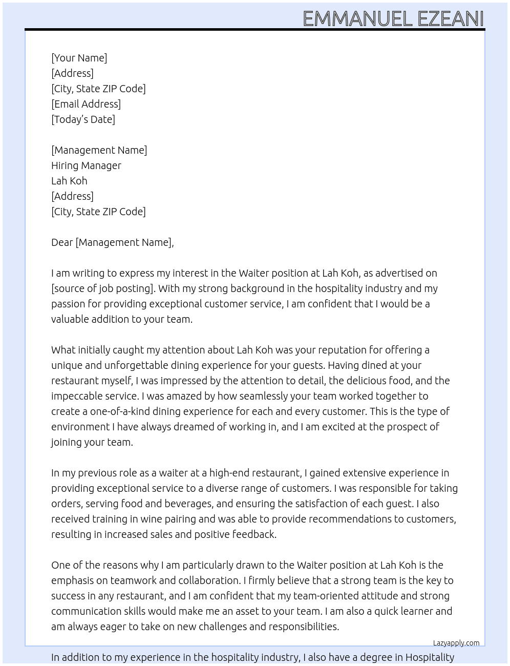 Waiter At Lah Koh Cover Letter