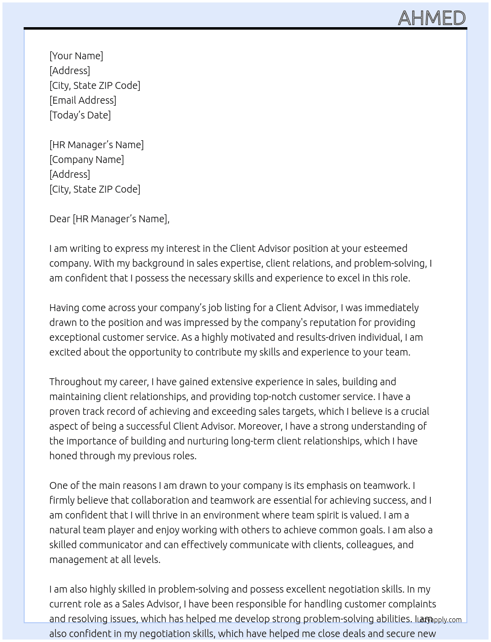 Client Advisor At your company Cover Letter