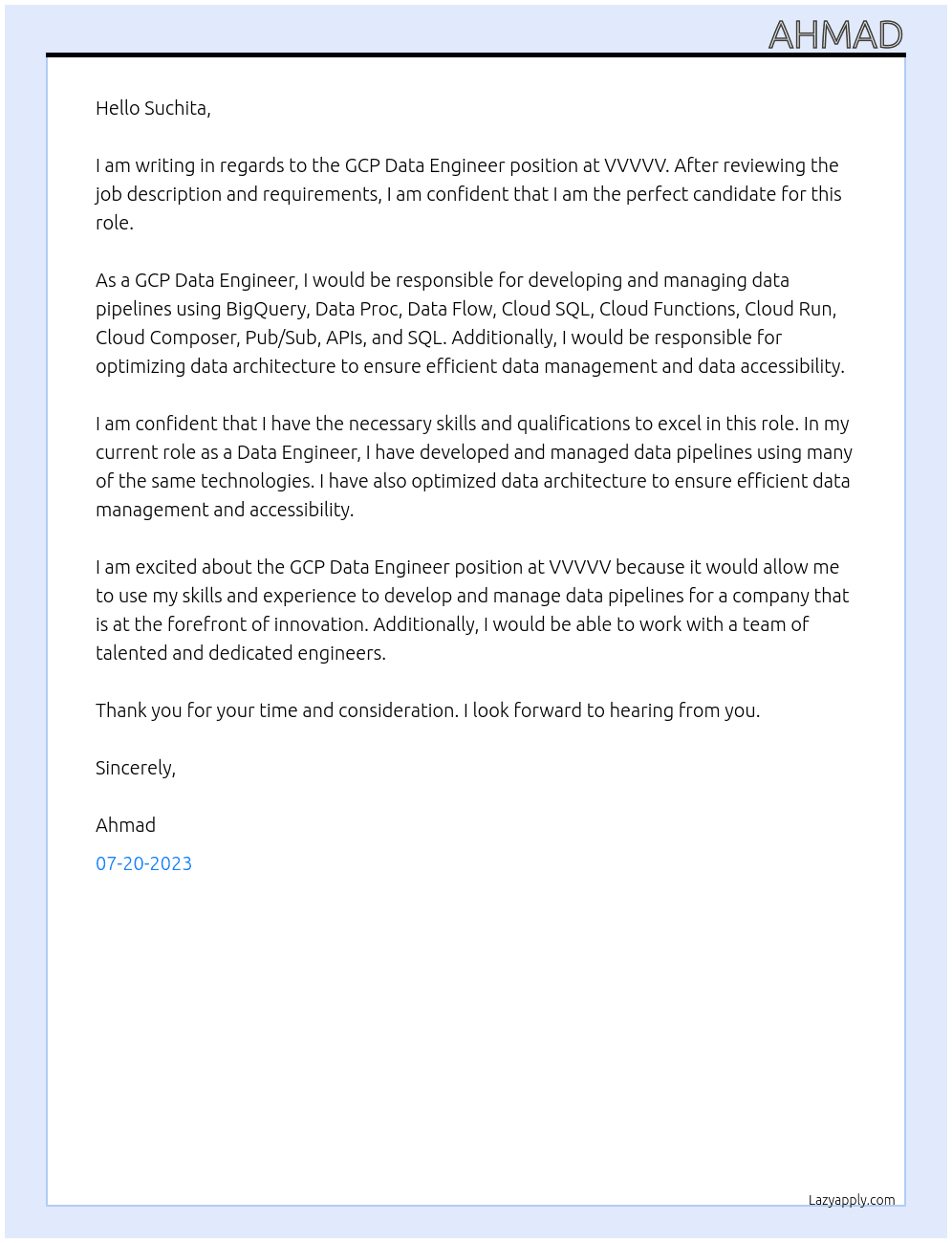 GCP Data Engineer At VVVVV Cover Letter