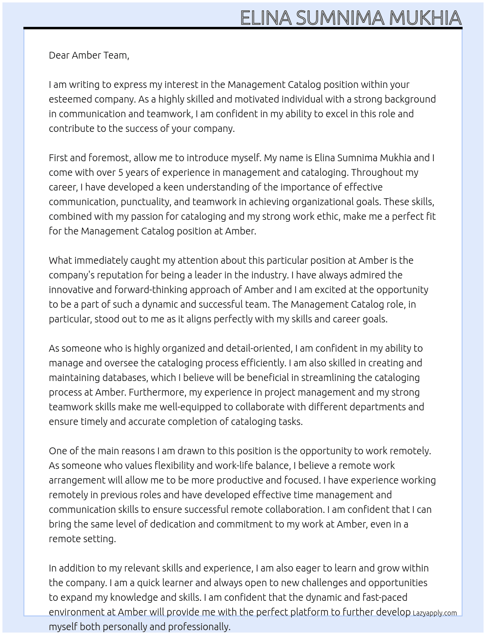 Management Catalog At Amber Cover Letter