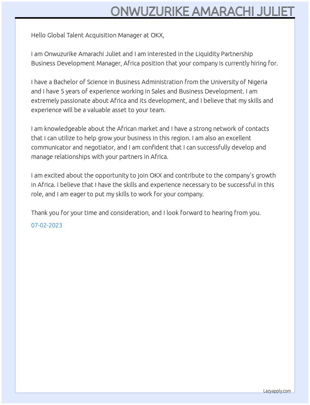 Liquidity Partnership Business Development Manager, Africa At OKX  Cover Letter