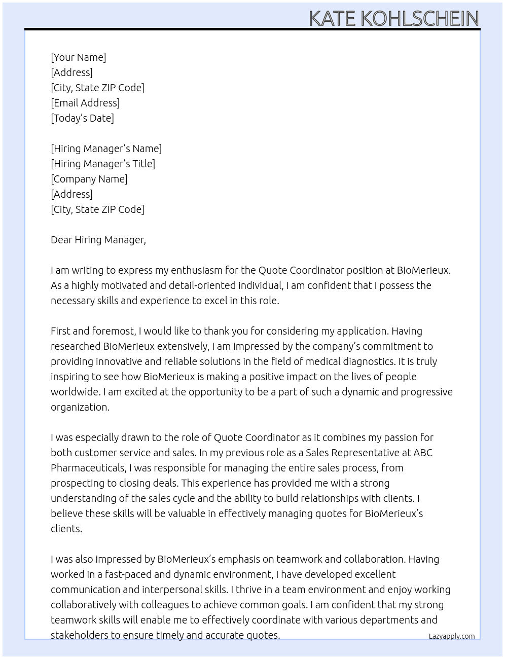 Quote Cordinator At BioMerieux Cover Letter