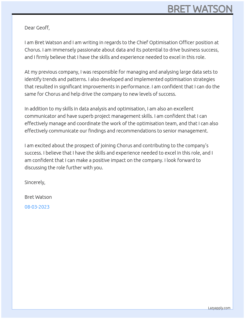 Chief Optimisation Officer At Chorus Cover Letter