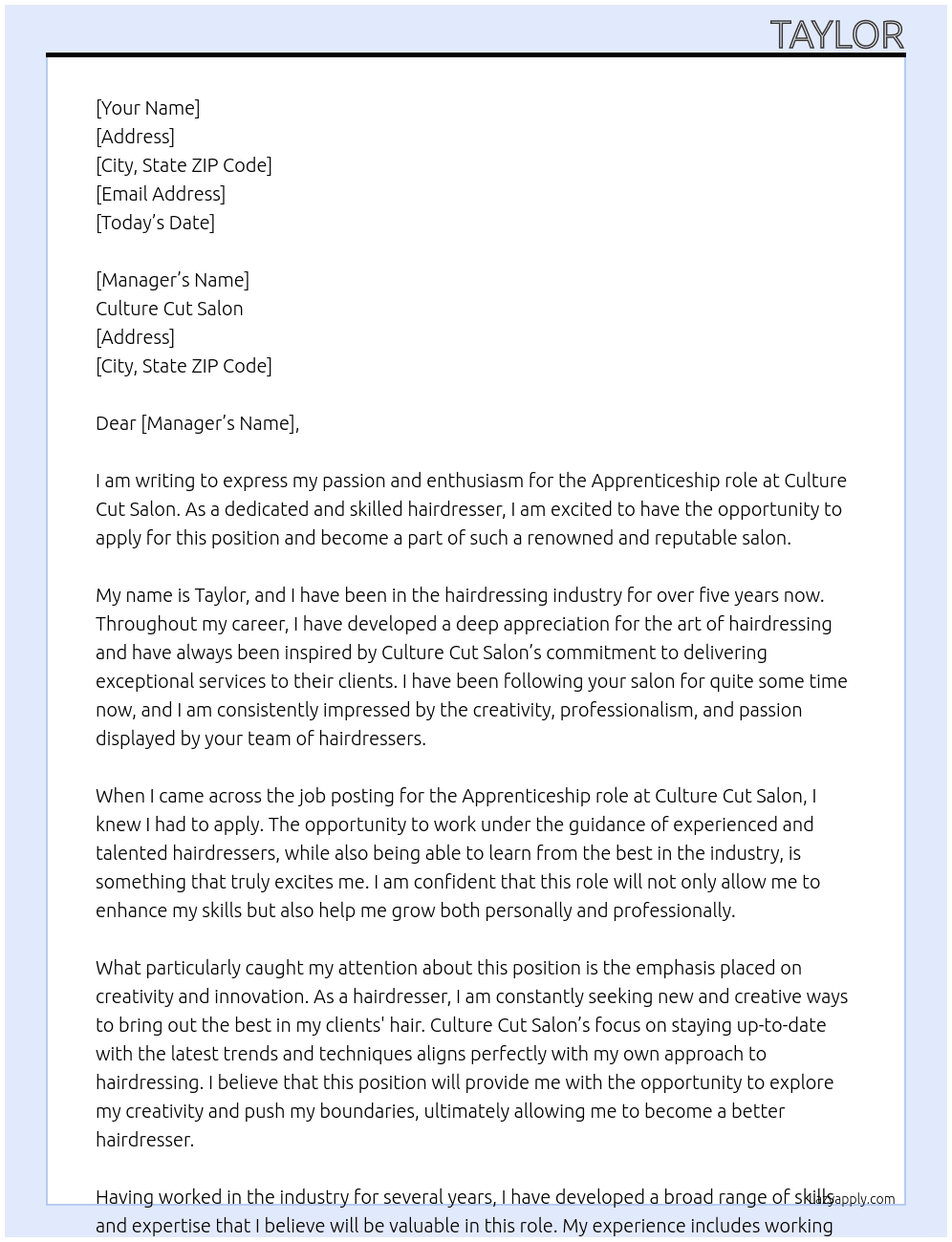 Appreciate hairdresser  At Culture cut salon Cover Letter