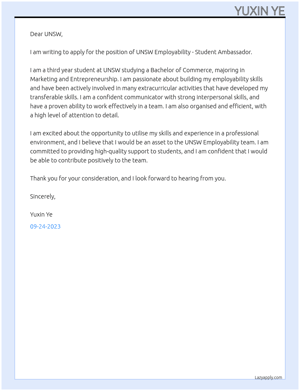UNSW Employability - Student Ambassador At UNSW Cover Letter