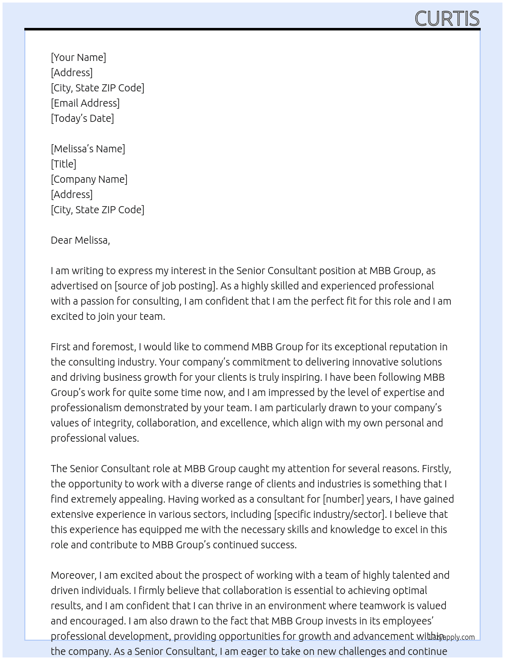 senior consultant At MBB Group Cover Letter