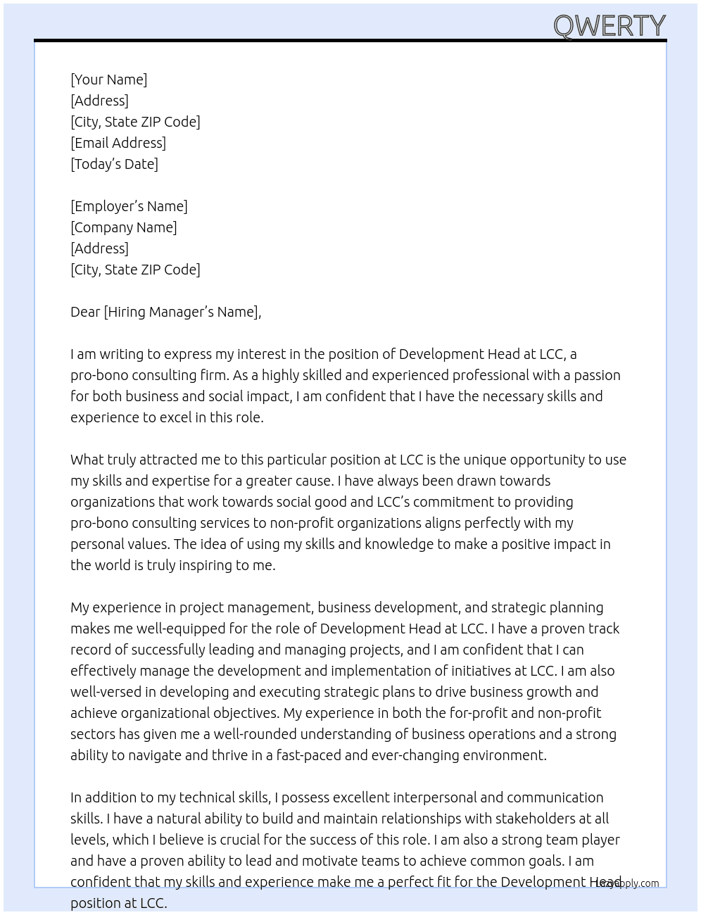 development head at a pro-bono consulting firm At lcc Cover Letter