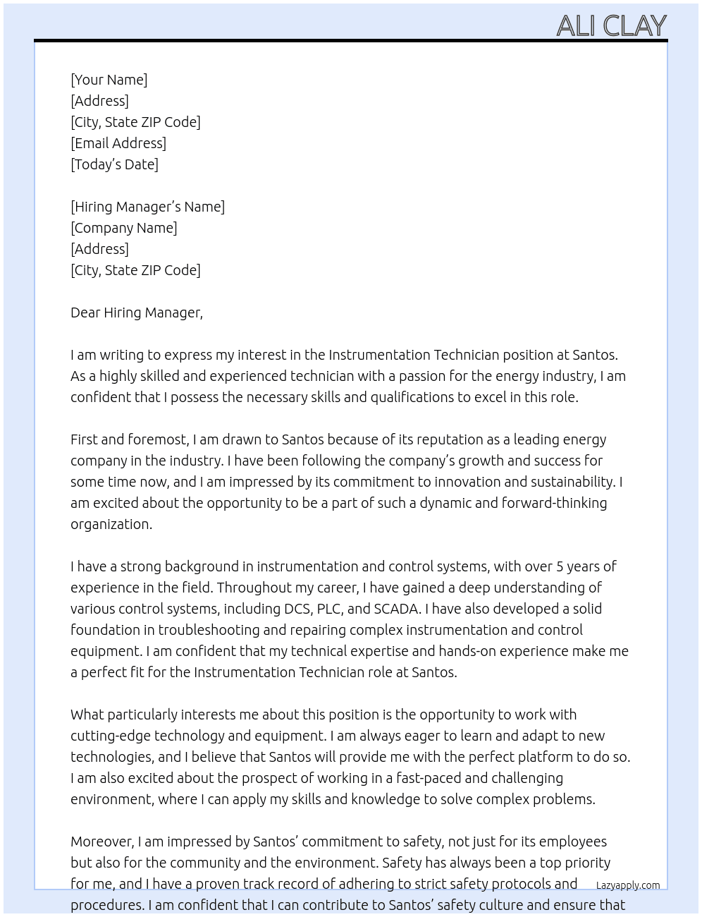 Instrumentation Technician At Santos Cover Letter