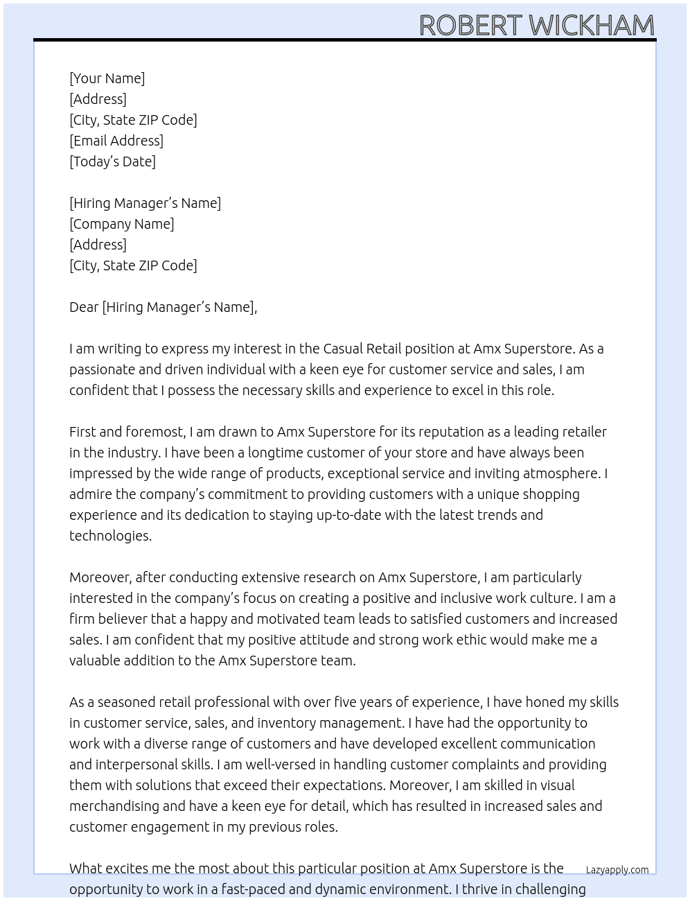 casual retail At Amx superstore Cover Letter