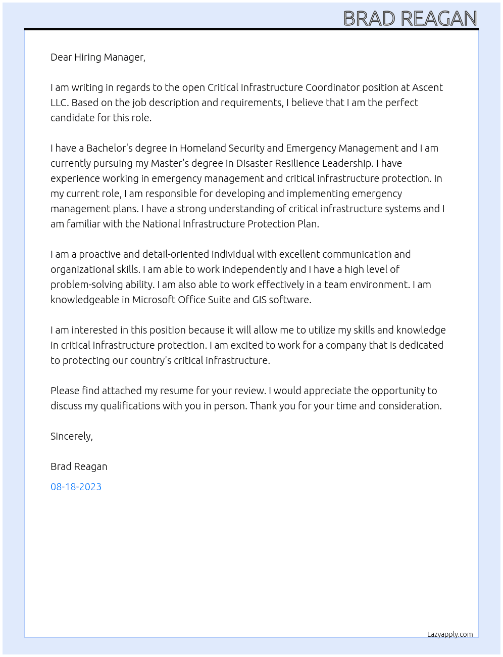Critical Infrastructure Coordinator At Ascent LLC Cover Letter