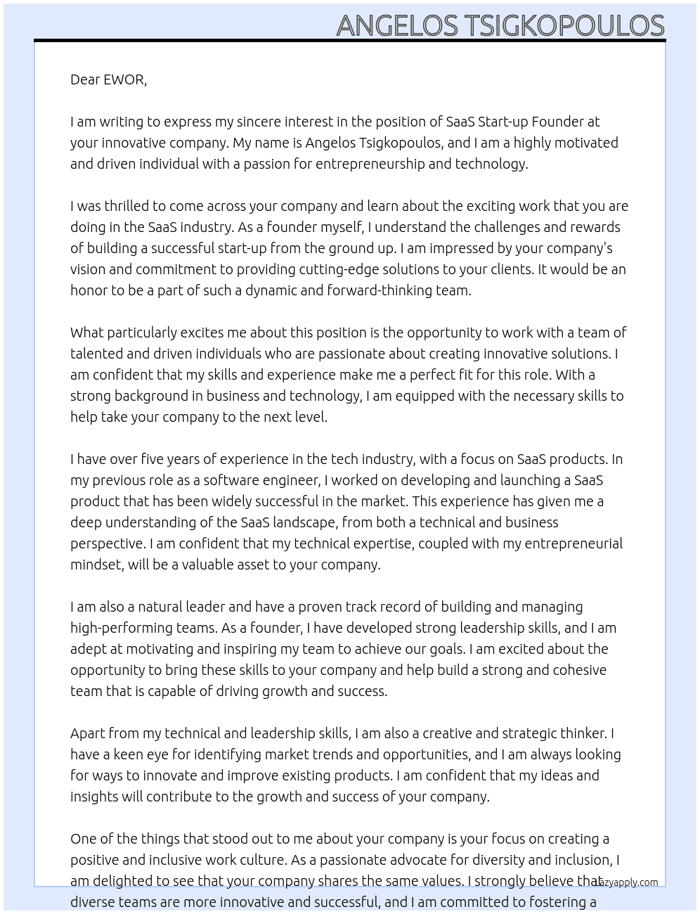 Cover letter for saas start-up founder at your own start-up - LazyApply