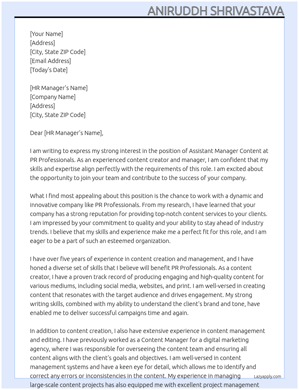Assistant Manager Content At PR Professionals Cover Letter