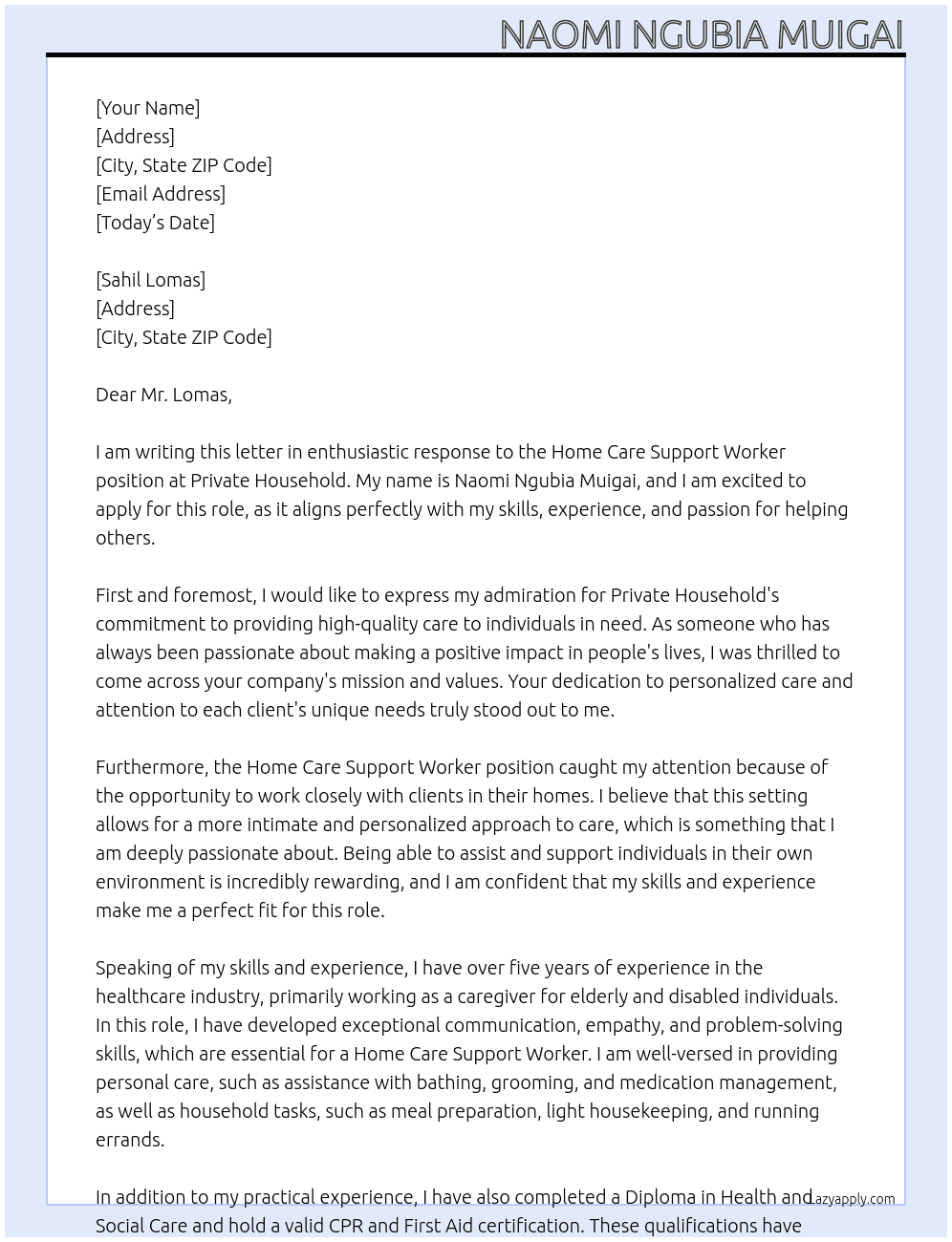 Home Care Support Worker At Private Household Cover Letter