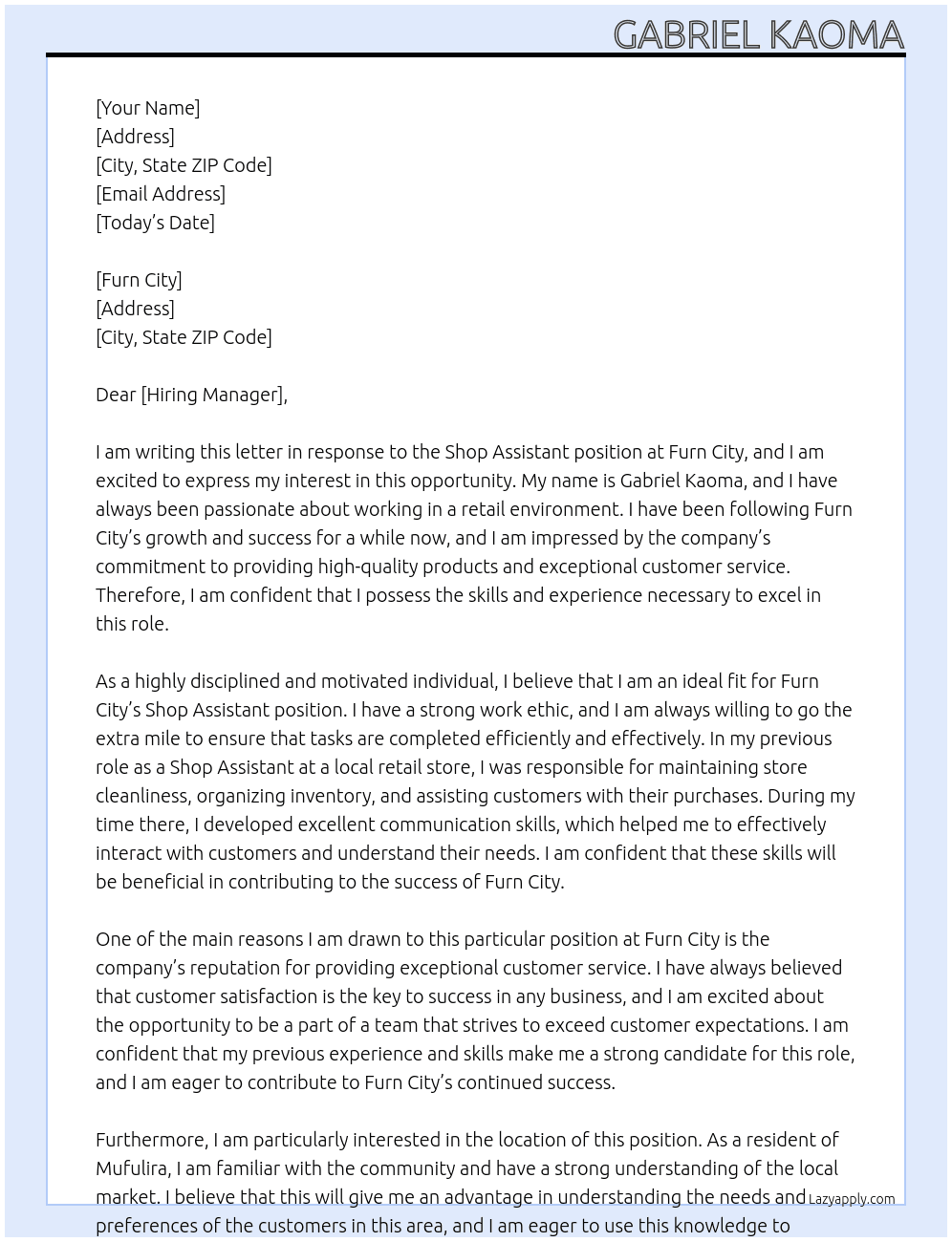 Shop Assistant  At Furn city Cover Letter