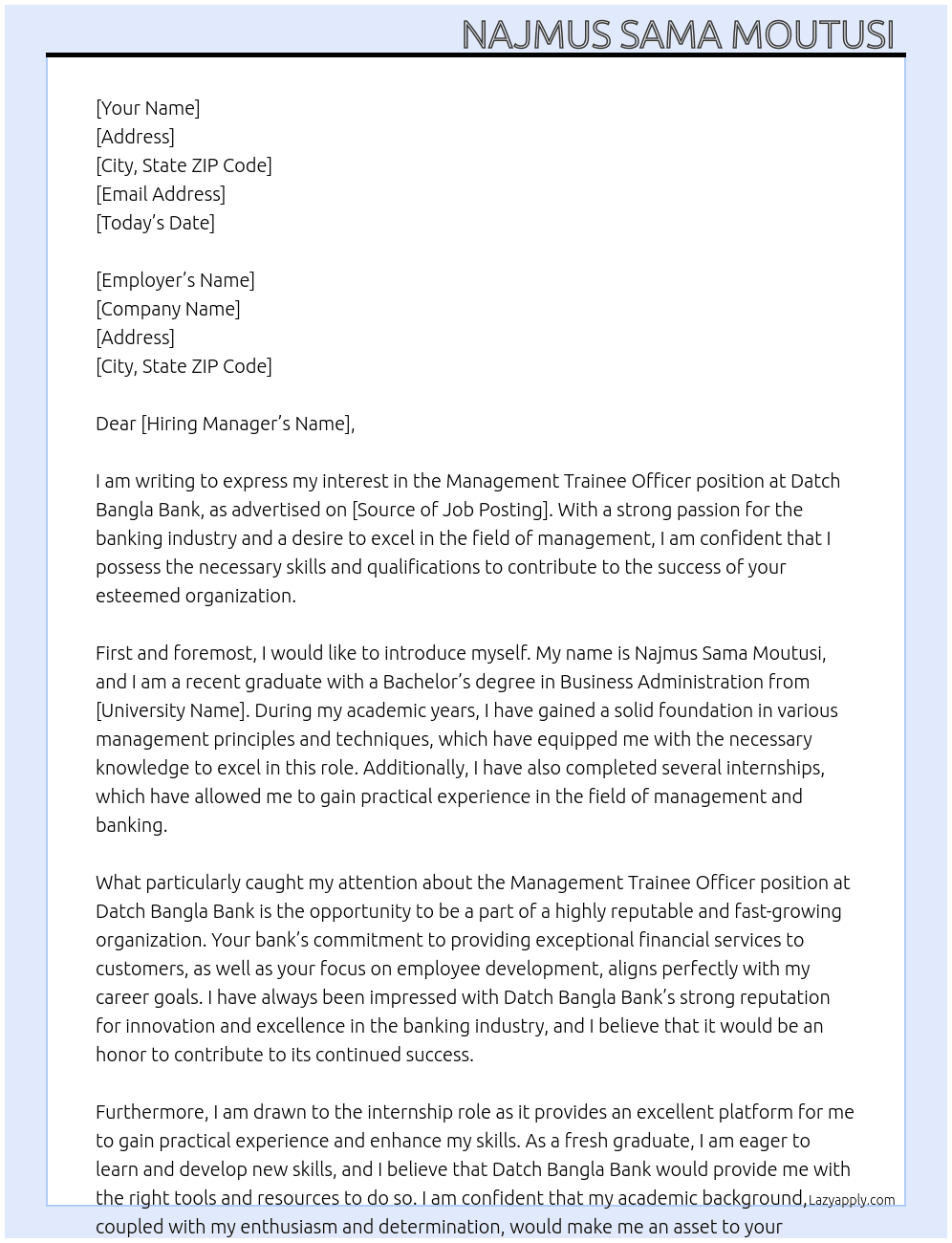 Management trainee officer  At Datch Bangla Bank Cover Letter