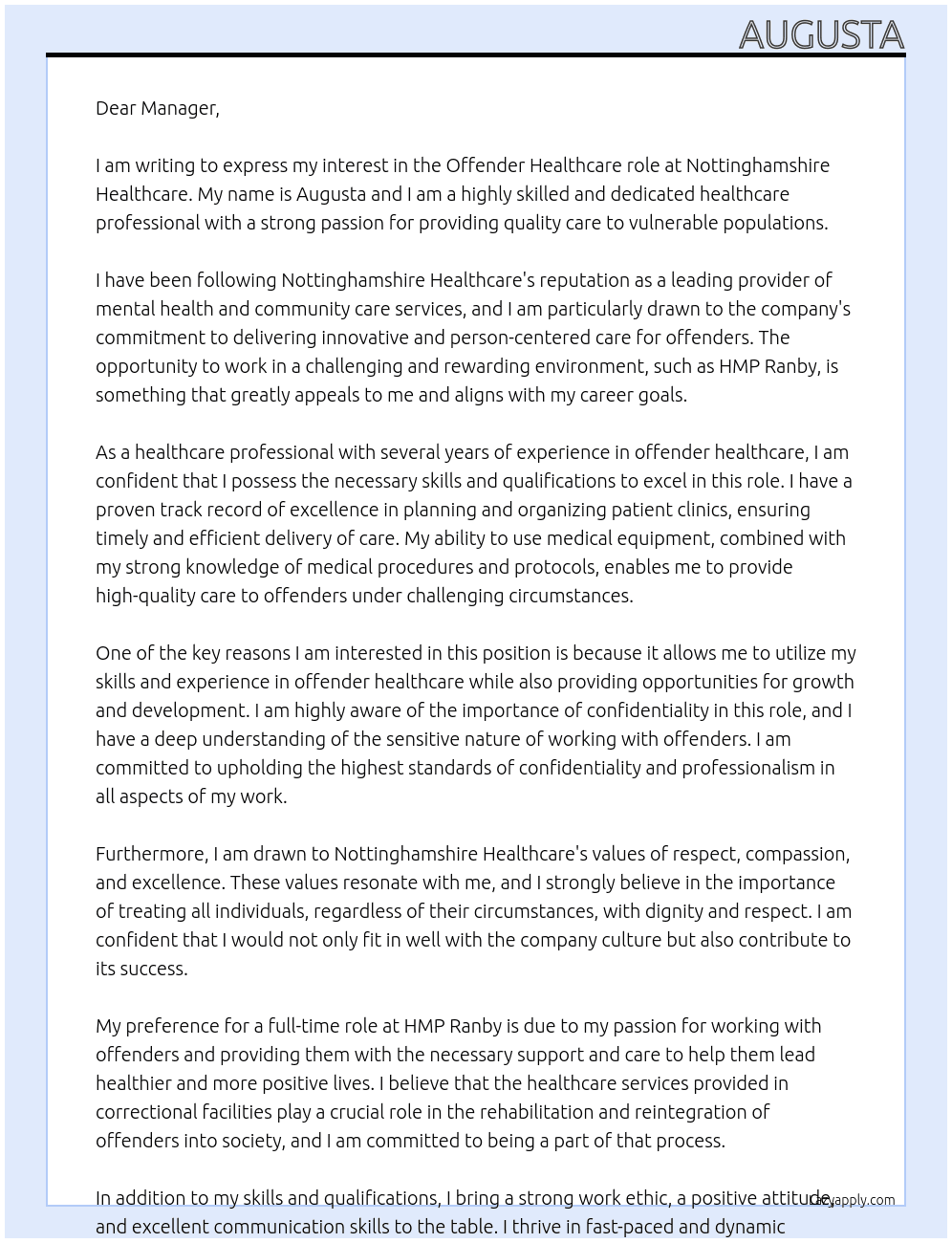 Cover letter for offender health care care - LazyApply
