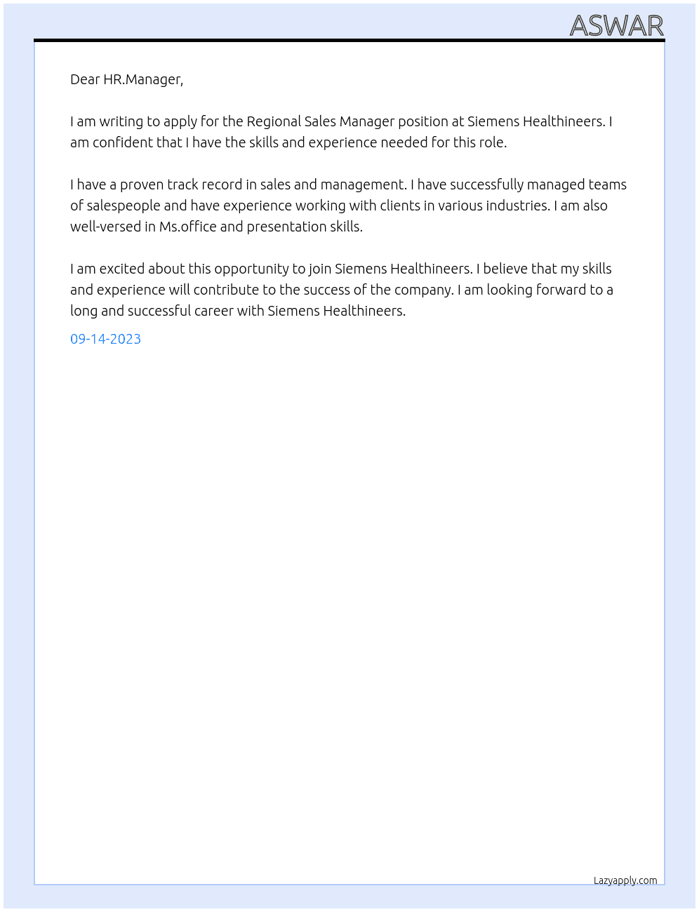 Regional Sales Manager At Siemens Healthineers Cover Letter