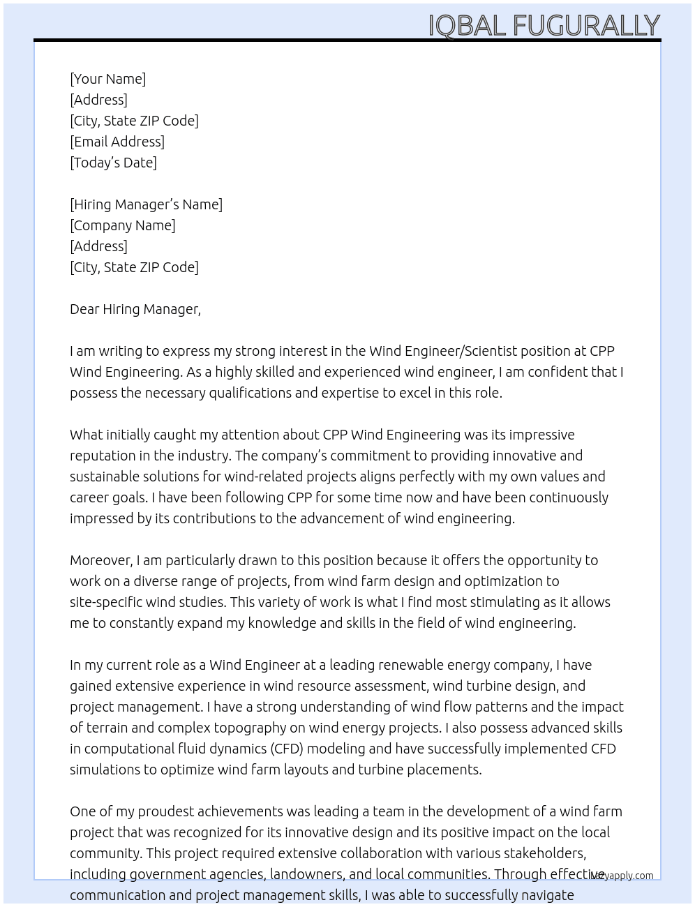 Wind Engineer/Scientist At CPP Wind Engineering Cover Letter