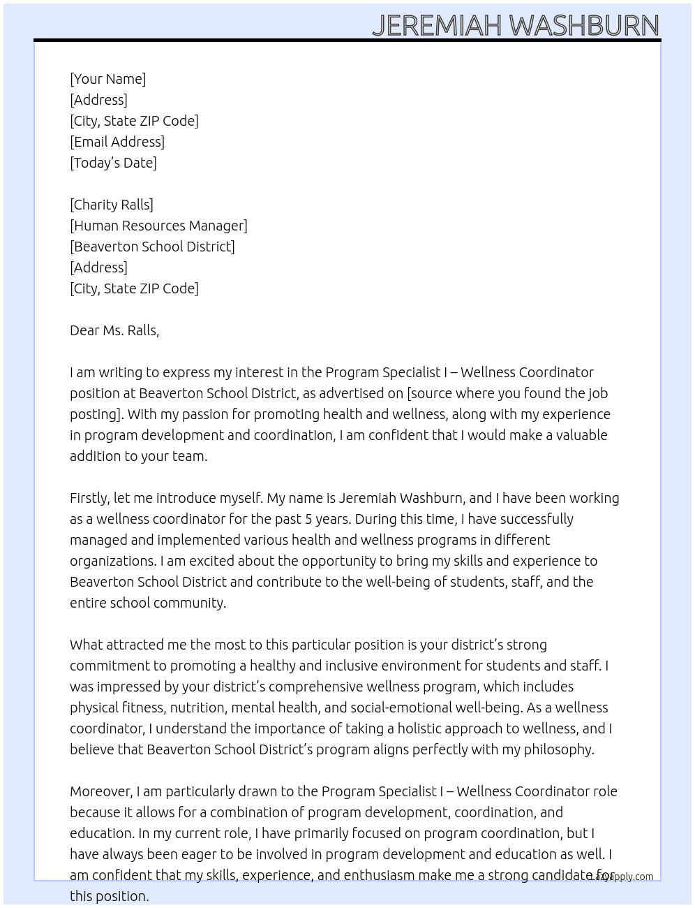 Program Specialist I - Wellness Coordinator At Beaverton School Distrct Cover Letter
