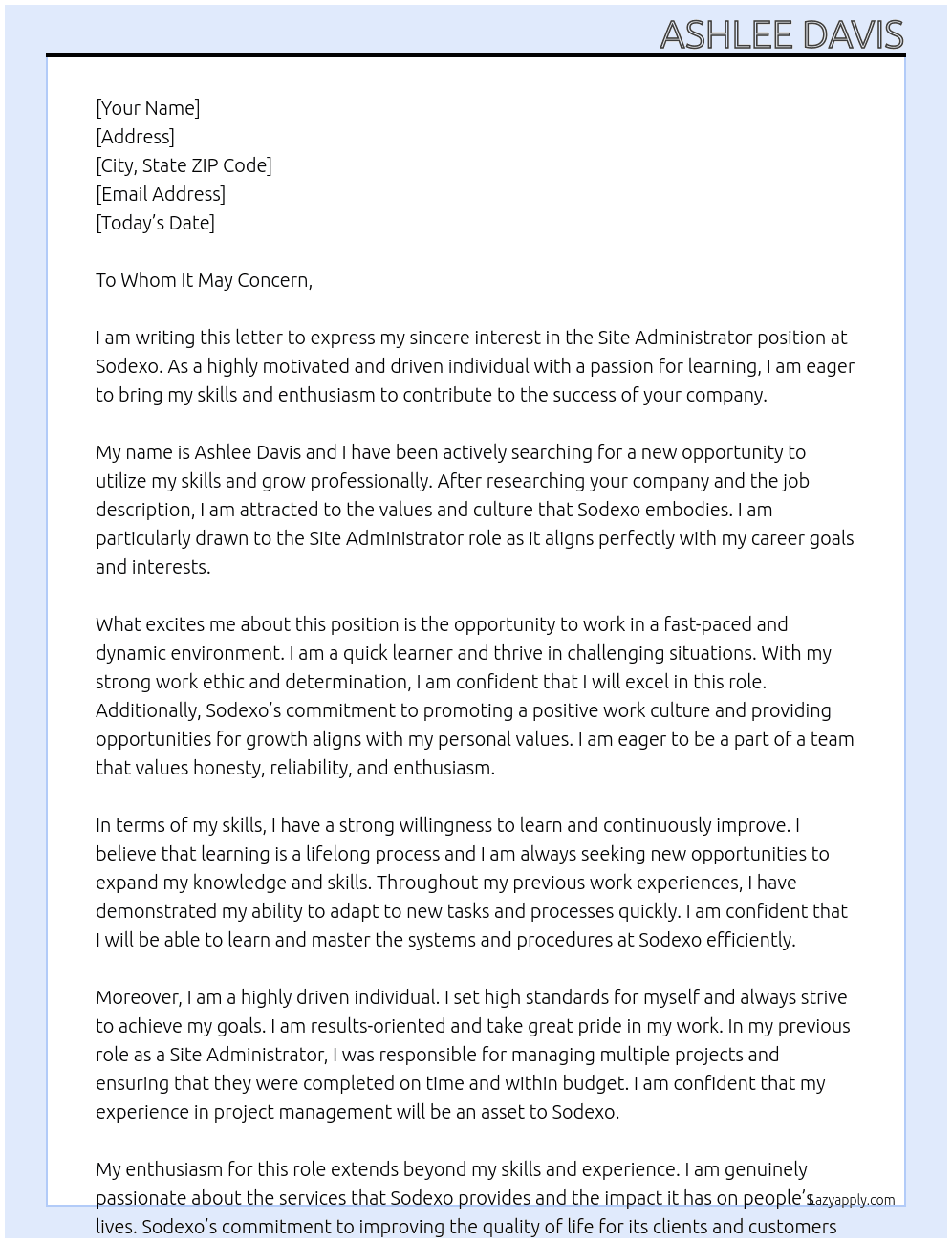 Site Administrator At Sodexo Cover Letter