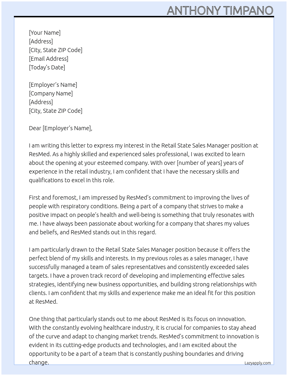 Retail State Sales Manager At ResMed Cover Letter