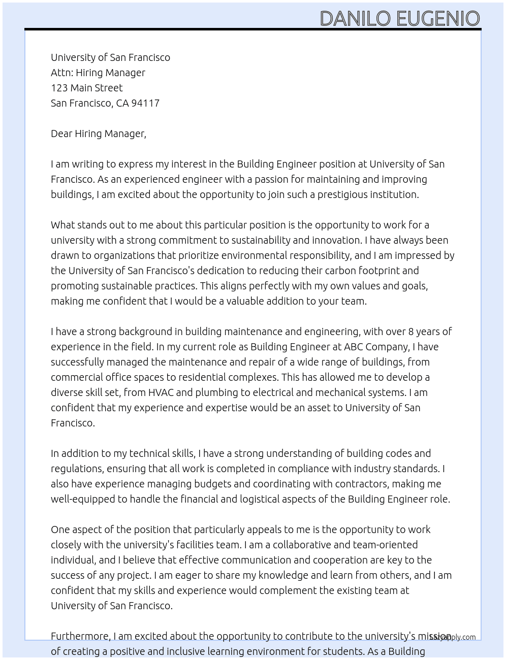 Building Engineer At University of San Francisco Cover Letter