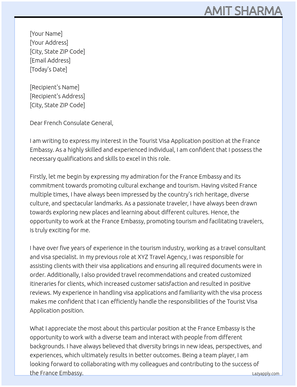 Tourist Visa Application At france embassy Cover Letter