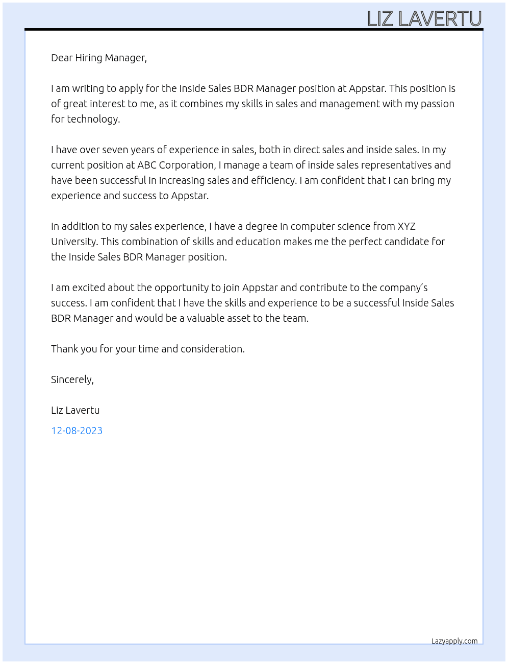 Inside Sales BDR Manager At Appstar  Cover Letter
