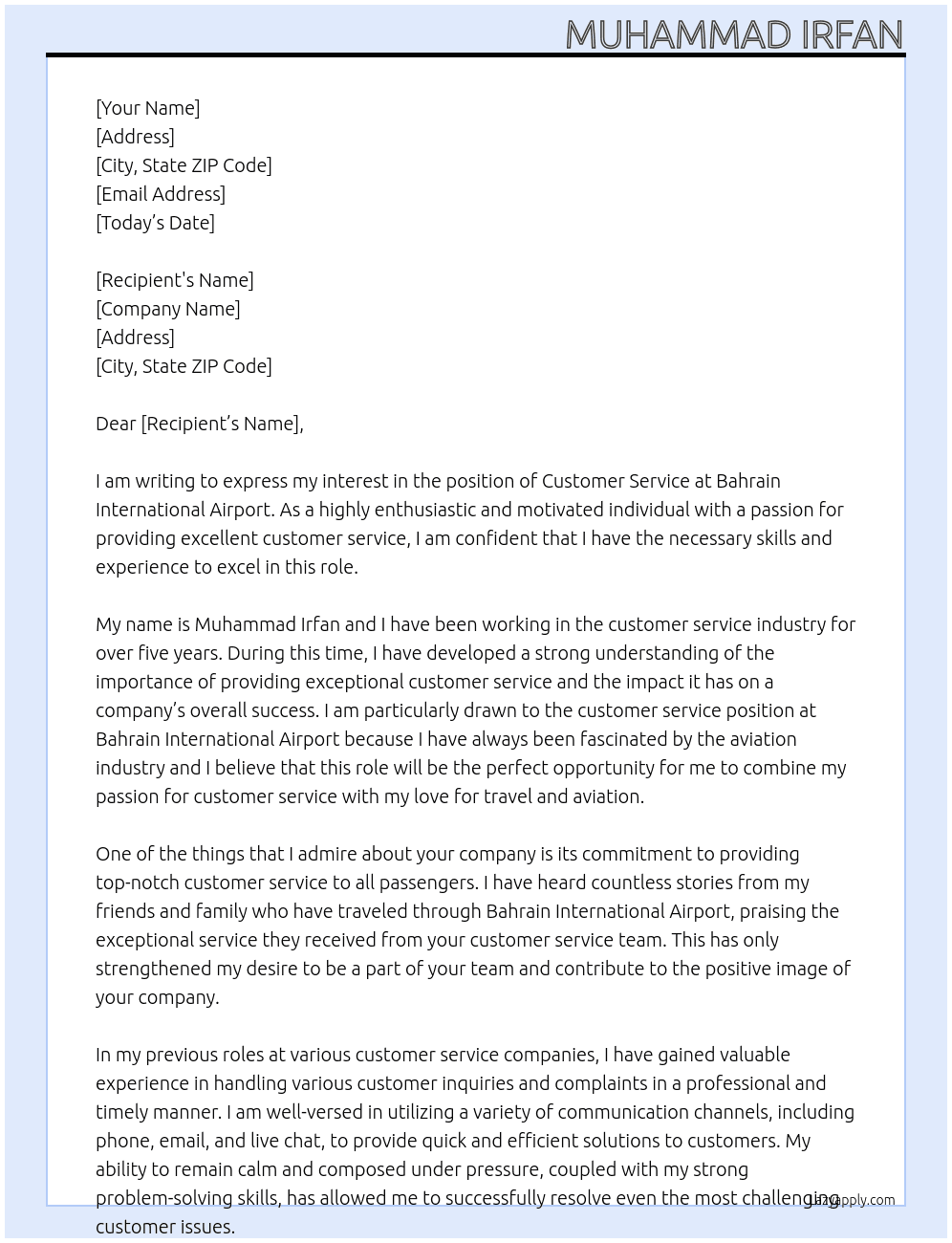 CUSTOMER SERVICE At BAHRAIN INTERNATIONAL AIRPORT Cover Letter