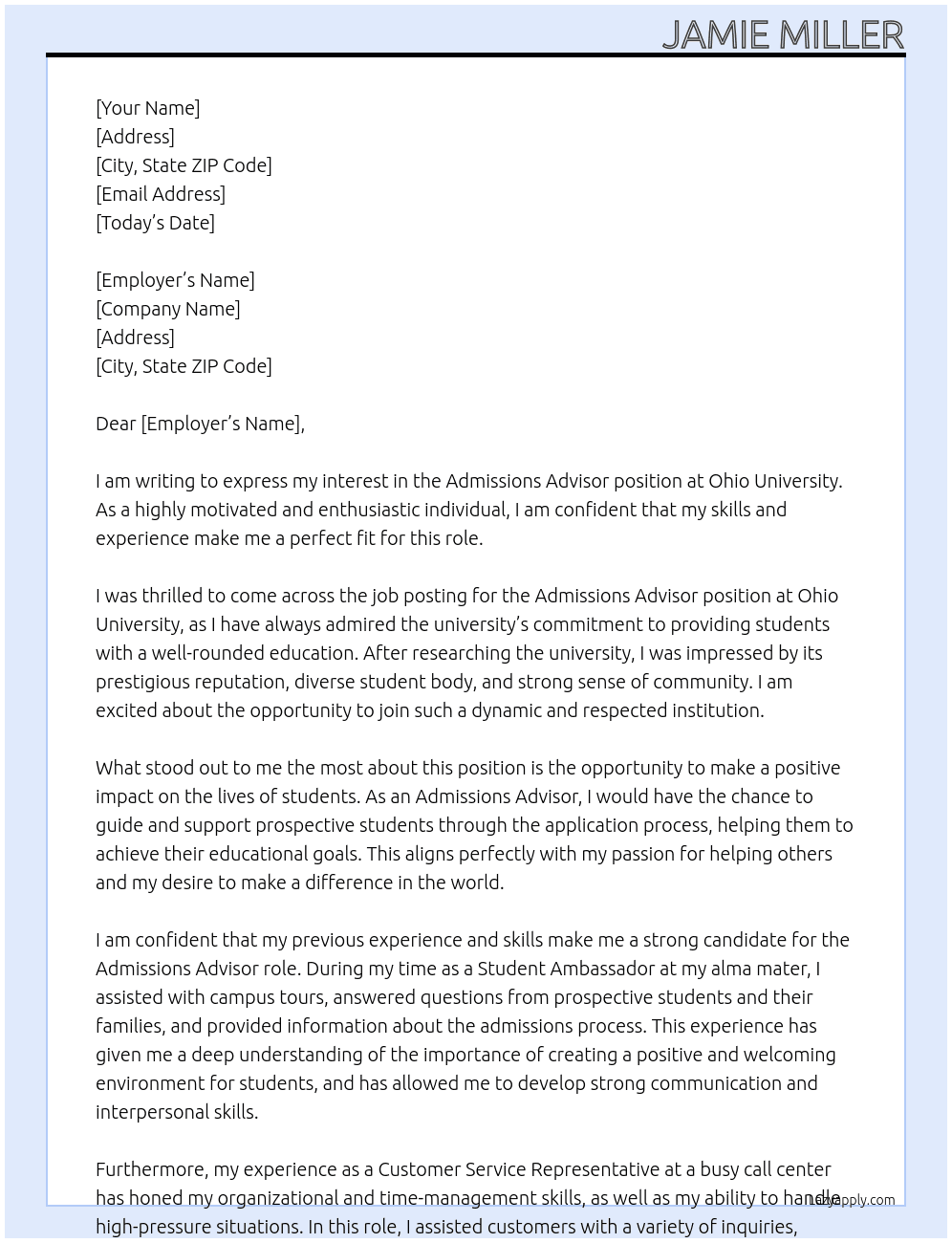Admissions Advisor At Ohio University Cover Letter