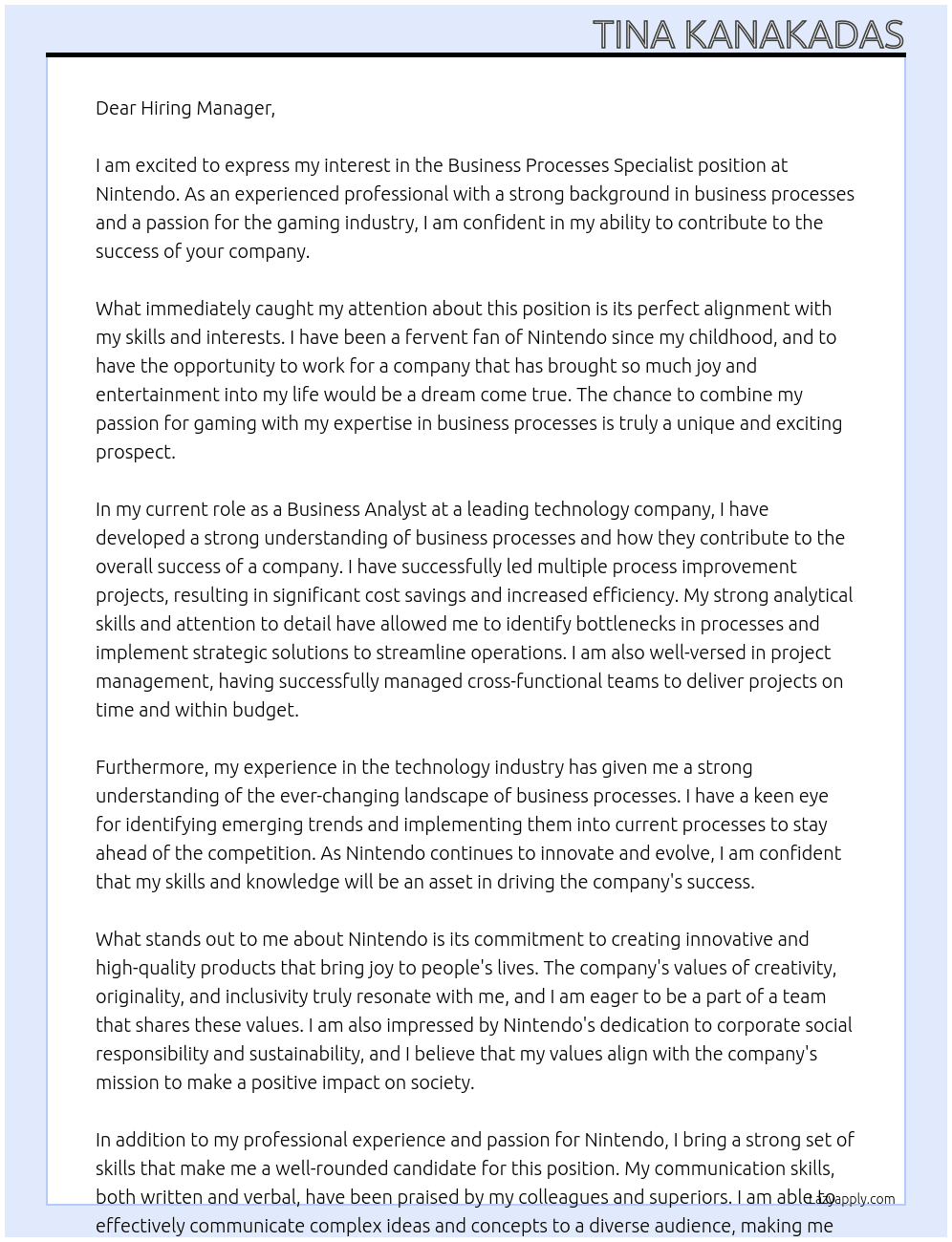 Business Processes Specialist At Nintendo Cover Letter