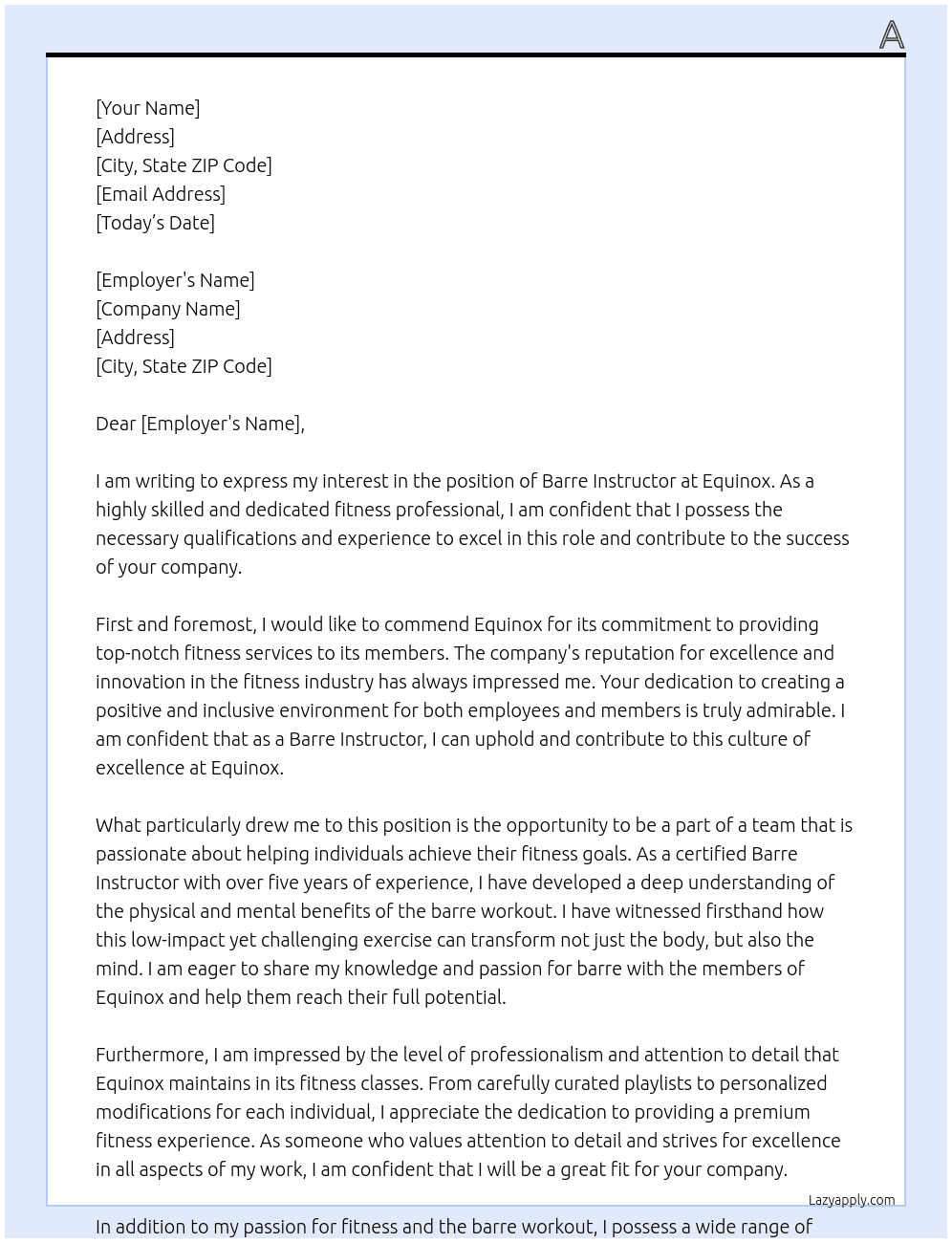 barre instructor At Equinox  Cover Letter