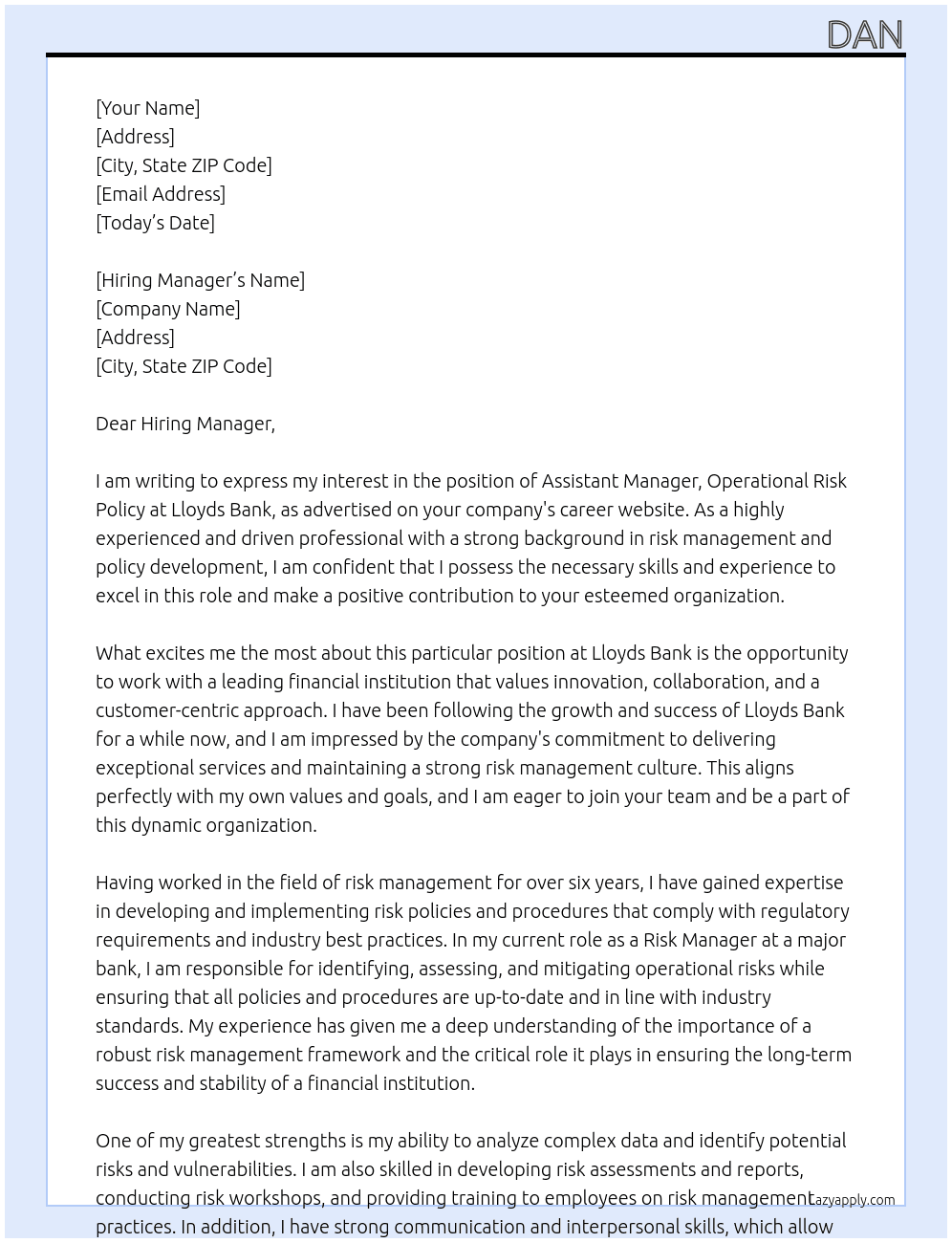 Assistant Manager, Operational Risk Policy At lloyds bank Cover Letter