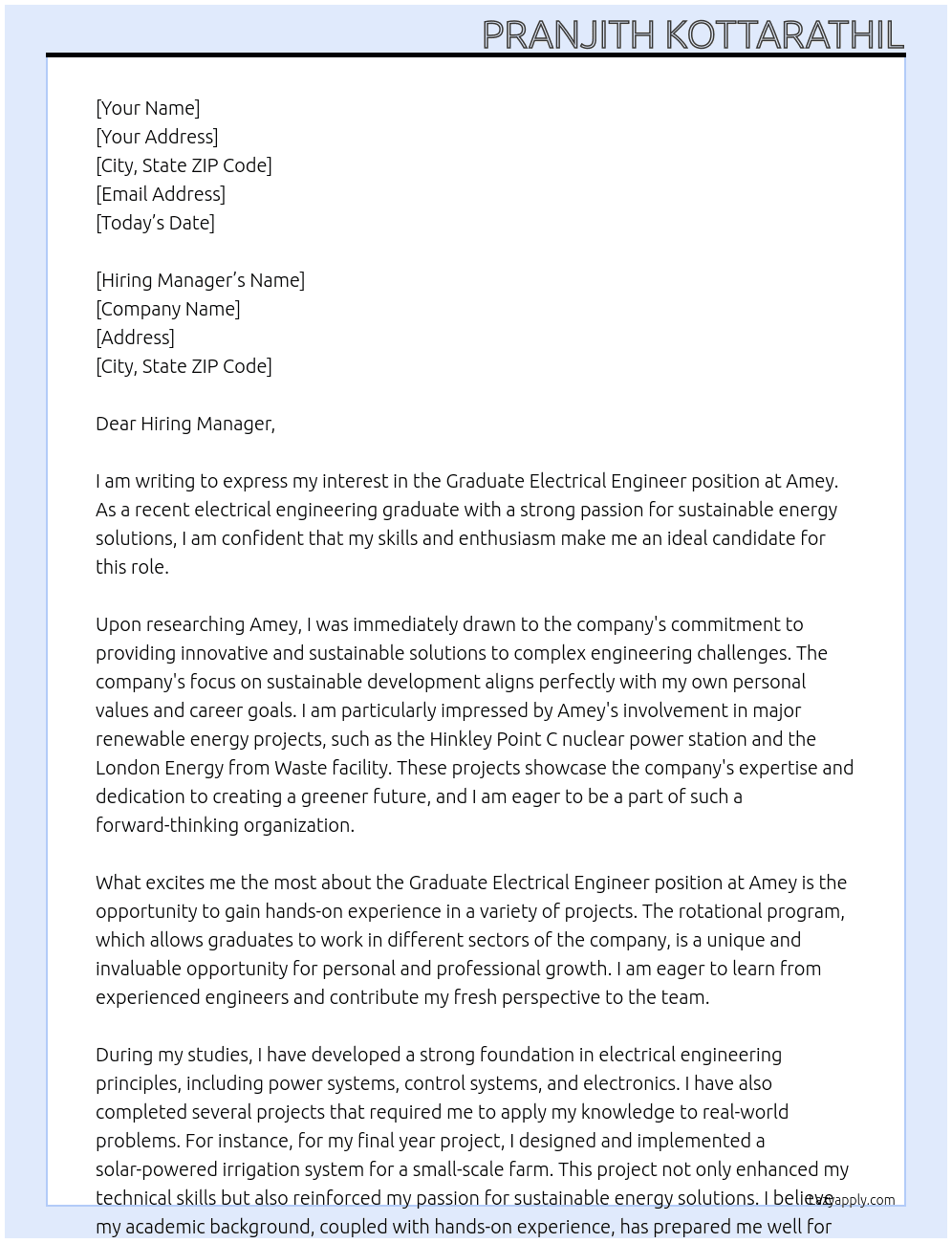 Graduate Electrical Engineer At Amey Cover Letter