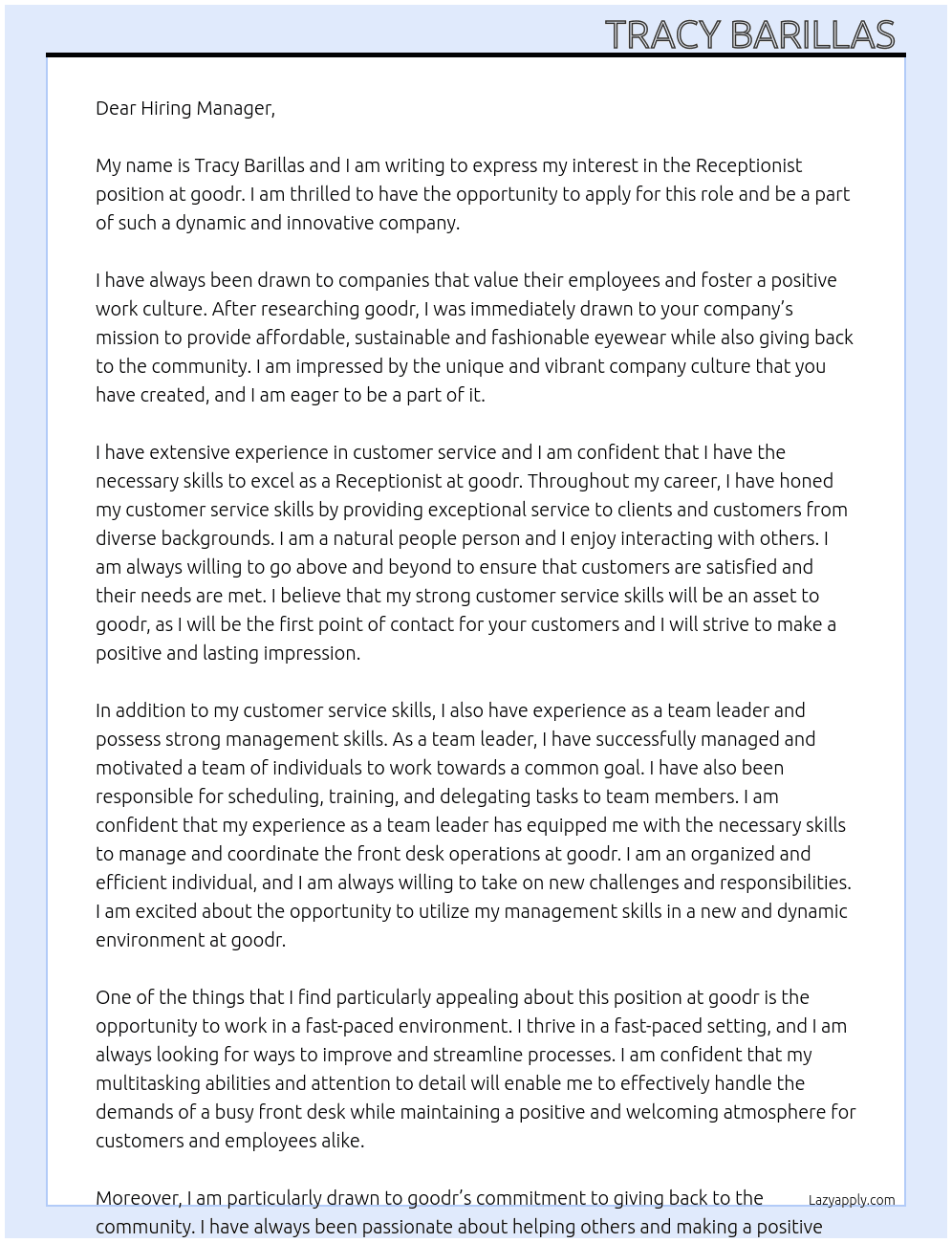 receptionist  At goodr  Cover Letter