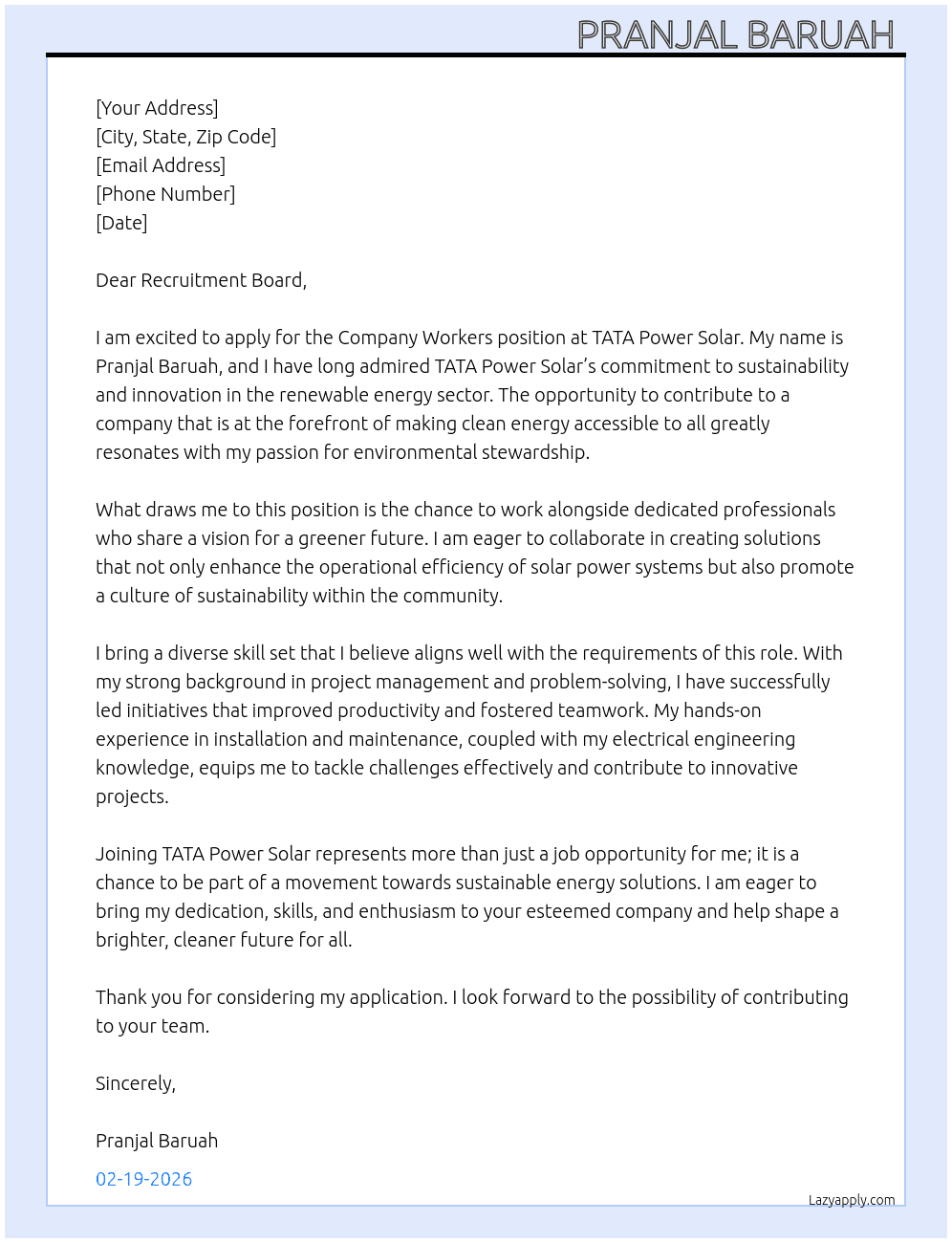 Company workers  At TATA power solar  Cover Letter