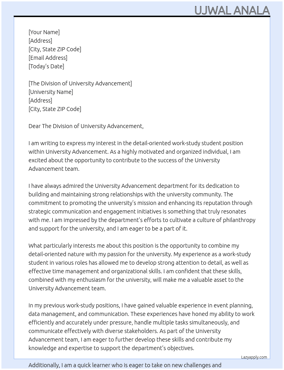 detail-oriented work-study student At University Advancement Cover Letter