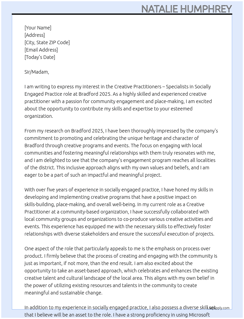 Creative Practitioners – Specialists in Socially Engaged Practice role. At Bradford 2025 Cover Letter
