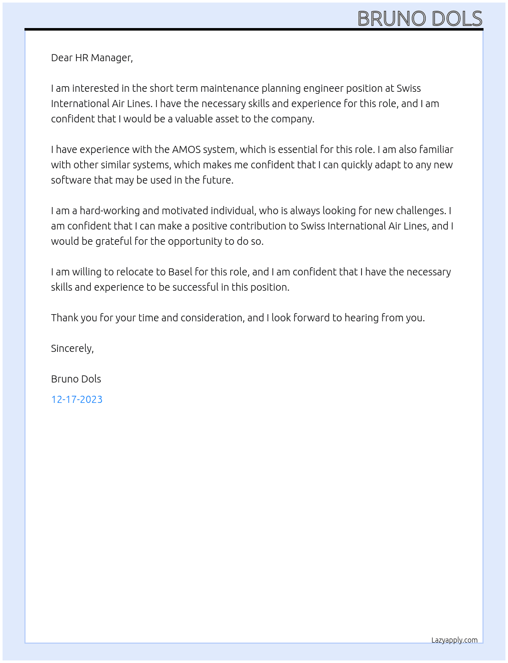 Short term maintenance planning engineer At Swiss International Air Lines Cover Letter