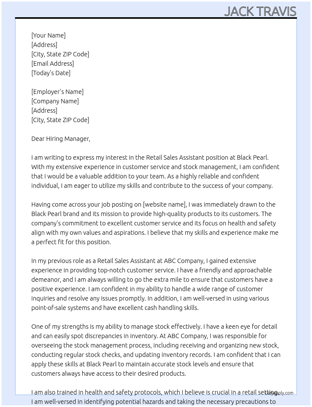Reatail Sales Assistant At Black Pearl  Cover Letter