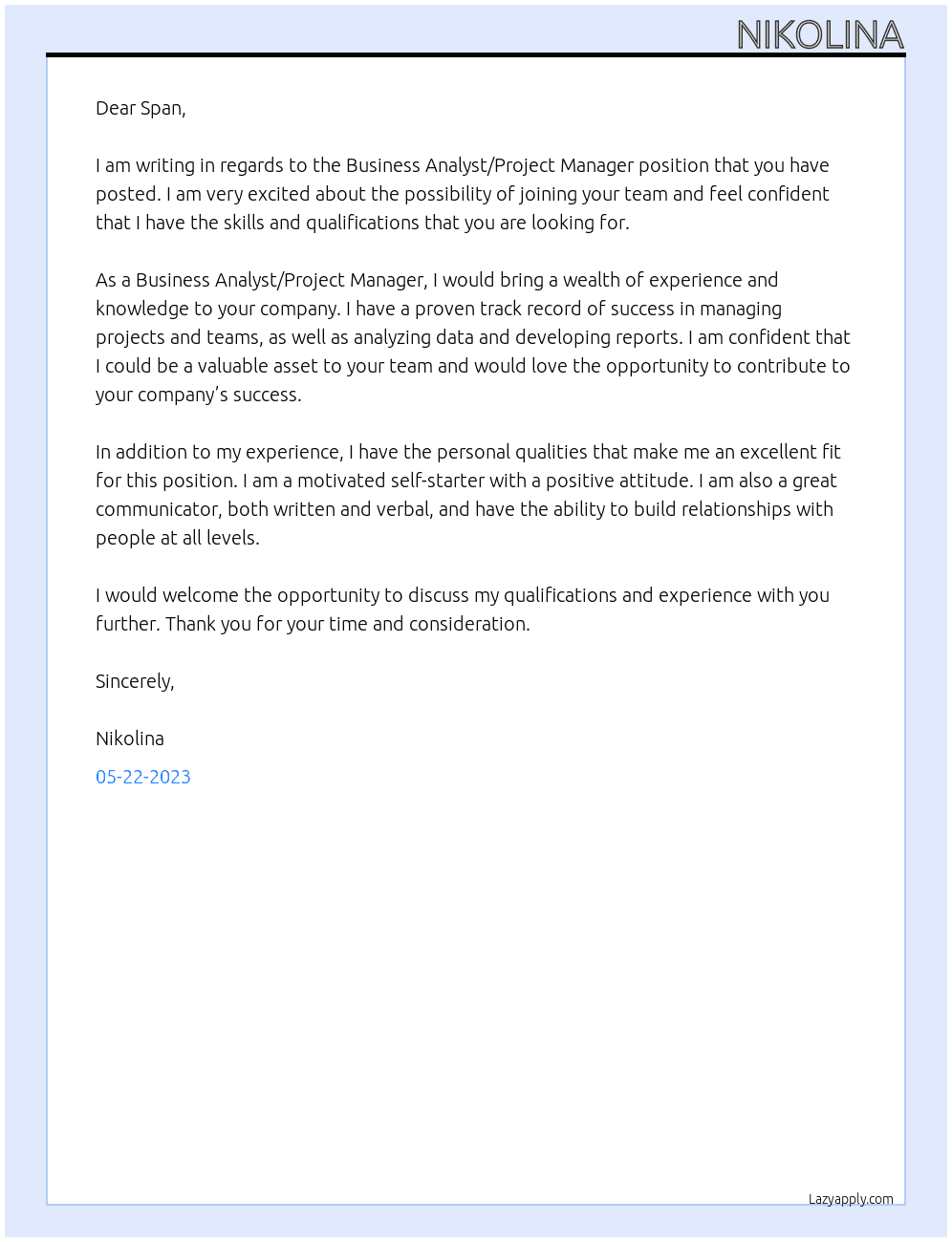 Business Analyst/Project Manager  At Span Cover Letter