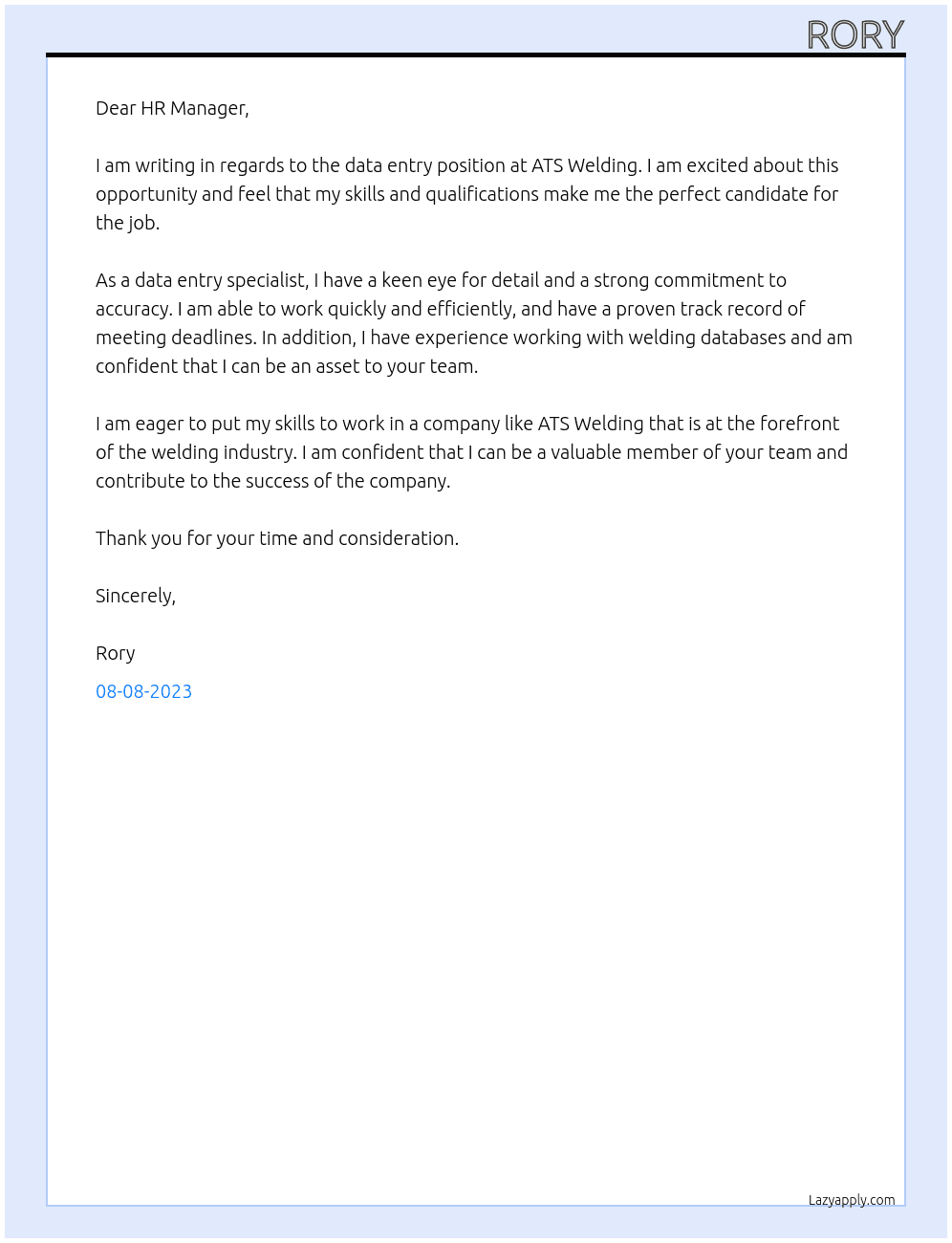 data entry At ATS Welding Cover Letter