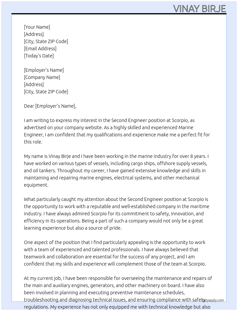 Second Engineer At Scorpio Cover Letter