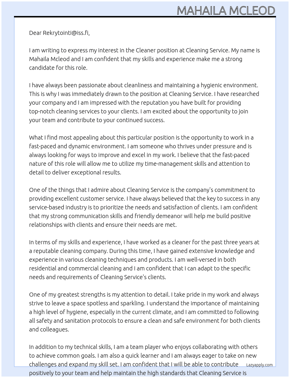 Cleaner At Cleaning service Cover Letter